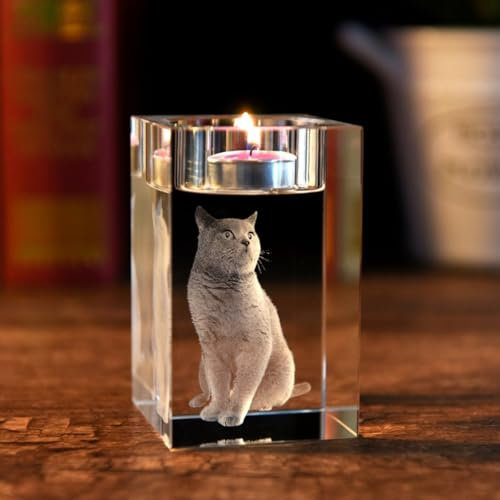 Portavelas de cristal 3D personalizado, foto grabada con láser 3D, portavelas de cristal grabado, vela conmemorativa, regalo conmemorativo para mascotas (5 x 5 x 10 cm)