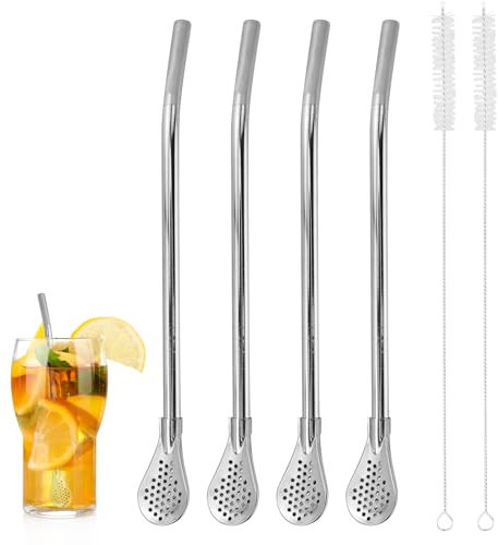 4 Pièces Pailles en Acier Inoxydable avec Cuillère Filtrante, Cuillère à Paille Filtrante, Pailles de Bombillas Réutilisables à Cuillère avec 2 Brosses de Nettoyage pour thé en Vrac, Café, Boissons