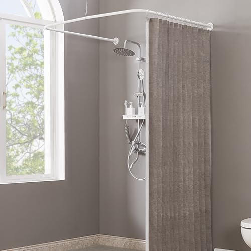 Yampos U Form Duschvorhangstange, Einstellbare [Beide Seiten: 60 cm - 132 cm, Mitte: 76 cm - 117 cm] Badewanne Duschstange Außenduschstange für Badezimmer mit 12-Haken für Deckenunterstützung