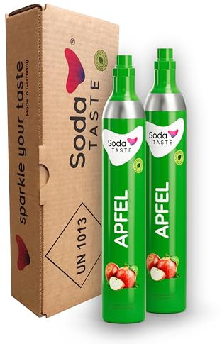 SodaTASTE Lot de 2 cylindres de CO2 (recharge) pour machine à gazéifier avec arôme naturel de pomme, sans sirop, sans sucre (attention : 2 cylindres vides requis)