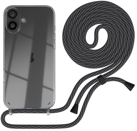 EAZY CASE Handykette kompatibel mit iPhone 16 Plus Handyhülle mit Umhängeband, Handykordel Schutzhülle, Silikonhülle, Hülle Band, Stylische Kette für Smartphones, Schwarz/Anthrazit - Clips Schwarz