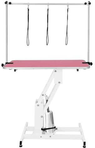 Monster Shop Hydraulischer Hundepflegetisch – Höhe 55–101 cm, Tragfähigkeit 180 kg, weiß-rosa Tischplatte, rutschfest 106 x 61 cm, weißer Stahl, Nivellierfüße, 3 Leinen
