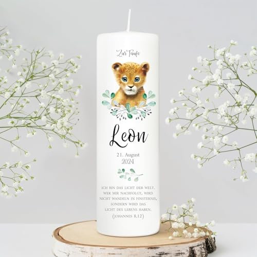 Wandtattoo Loft Taufkerze Junge mit Taufspruch, Motiv mit Löwen Baby, 25cm x 8cm, personalisierte Kerze, bedruckte Kerze zur Taufe, Stumpenkerze, Geburtskerze, individuelles Taufgeschenk