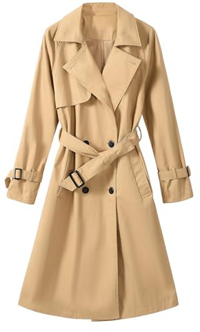 Vancavoo Trenchcoat Damen Lang Übergangsmantel Mantel Klassische Herbst Frühling Zweireiher Jacke Trench mit Gürtel Damenmantel Baumwolle Windjacke,Khaki,M
