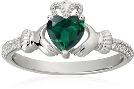 Herzförmiger Zucht-Smaragd-Geburtsstein Claddagh-Ring aus 925 Sterling Silber – 6MM herzförmiger Zucht-Smaragd-Ring, Irischer Schmuck, Glücksbringer für Damen, Größe 8