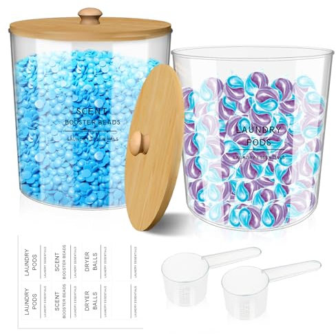 GHWMYD 2 Stück Wäschepods Behälter mit Löffel und Etikett, 4L große Kapazität Waschmittel Lagerung mit Bambus Deckel, geeignet für die Lagerung von Waschpods, Badebomben, WäScheparfüm