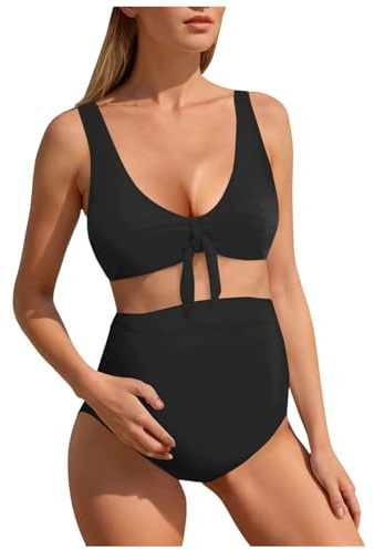 Glücksvogel Umstands Badeanzug zweiteilig V-Ausschnitt Bikini Top Hohe Taille Hipster-Unterteil für Damen Schwangere Schwangerschafts Badeanzug Maternity Umstandsbikini Swimwear Umstandsbadeanzug (M)