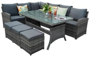Nustone L-Shaped Rattan Garden Furniture Set, 9 Seater Corner Sofa with 3 Stools & Glass-Top Table – Outdoor Patio Lounge Set with Cushions in Grey
