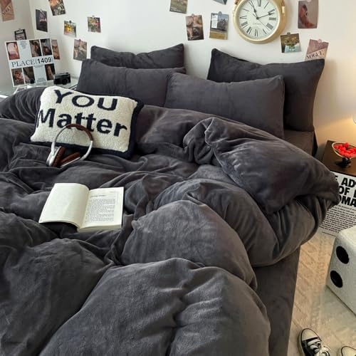 Covebett Winter Flanell Bettwäsche 135x200 Dunkelgrau Warme Weich Kuschelig Flauschig Bettbezug Microfaser Plüsch Coral Fleece Bettwäsche-Sets 2 Teilig mit Reißverschluss und Kissenbezüge 80x80 cm