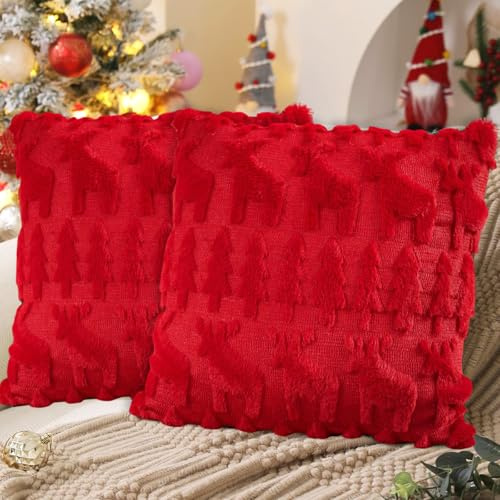 2 Stück Kissenbezug Weihnachten 45x45 cm, Weihnachtskissenbezug, Weihnachtskissen Kissenbezüge Weihnachten Kissenhülle Rot, Weihnachtsdeko Kissenbezüge für Sofa, Couch, Schlafzimmer, Zimmer Deko