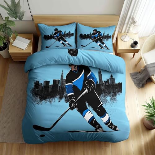Srigzcaly Blau Bettwäsche-Set, Spiel Minimalistisch Eishockey Spieler Wendebettwäsche mit Reißverschluss - 1 Weich & Bügelfrei Microfaser Bettbezug 135 x 200 cm + 2 Kissenbezügen 80x80