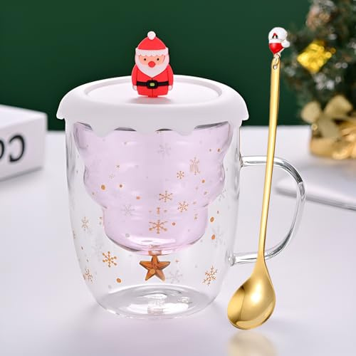 Syfunlv Grinch Weihnachtstasse doppelwandige Glastasse mit Deckel und Löffel, Kaffee Espresso Tee Milch Glasbecher Weihnachtsbaum Motiv Stil 6