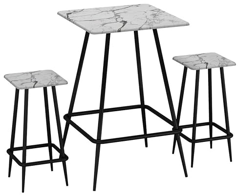 URBNLIVING 3-Piece Square Breakfast Bar Table & 2 Stools Set – Wood & Metal, Compact Dining for Small Spaces - White Marble