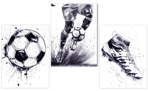 KQDRAVINE 3er Poster Fussball Bilder Schwarz Weiß die Farbe Bläulich Erscheinen Leinwand Kunst Bilder Modern Poster Kunstdruck Bild Wohnzimmer Schlafzimmer Wanddeko Ohne Rahmen (30×40 cm)