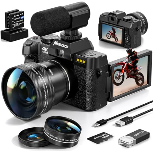 48MP Digital Camera for Photography and Video,4K MP Vlogging Camera for YouTube with 180° Flip Screen,16X Digital Zoom,52mm Wide Angle,Leather Hold & Strap, 2 Batteries, 32GB TF Card (Black)