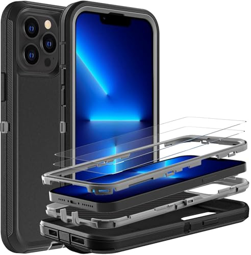 YmhxcY for iPhone 13 Pro Case, Military Grade 3 in 1 Heavy Duty Shockproof/Drop Proof/Dust Proof Case with 2Pcs Tempered Glass Screen Protector (Black/Grey)