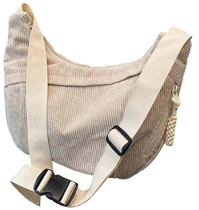 Umhängetasche Damen Gross Crossbody Bag Cord Tasche Halbmond Tasche Damen, Verstellbare Schultertasche mit Reißverschluss und Baumwollfutter, Ideal für Arbeit, Reisen und Uni