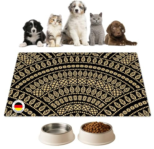 Napfunterlage | Futtermatte für Hunde und Katzen „Ornament in schwarz und Gold “ aus Premium Vinyl - 60x40 cm – rutschhemmend, abwaschbar, reißfest - Made in Germany