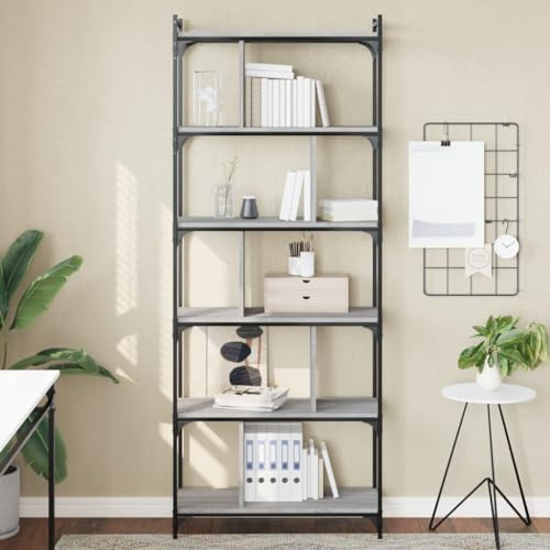 mtlskopl 6-Tier Bookshelf 76x32x192 cm, Greige Sonoma & Metal Frame, Adjustable Feet, Modern Storage Tower for Living Room, Home Office or Bedroom