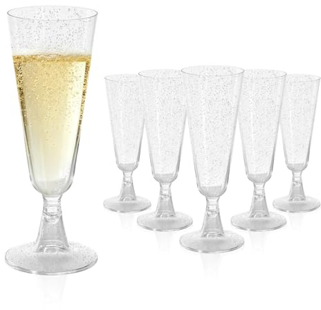 YUTRONE 100Pack Plastic Champagne Flutes 160ML(5.6oz) Plastic Wine Glasses with Silver Dots Reusable Champagne Glasses Clear Prosecco Flutes for Parties, Weddings