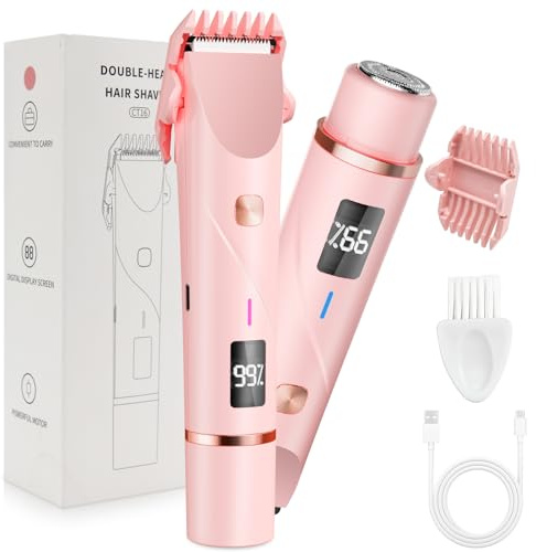 Bikini Trimmer for Women 2-in-1 Electric Razor IPX7 Waterproof Facial Hair Remover & Painless Dual Head Shaver with Digital Display, Legs, Face, Underarms, for Travel Home