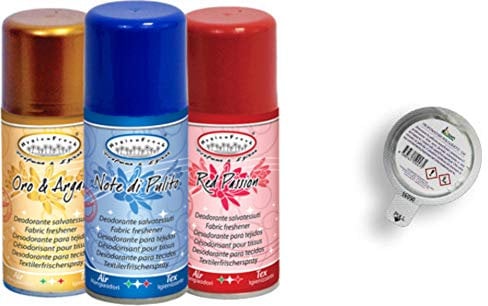 HygienFresh Profumo Deodorante Tessuti Abiti Tende DIVANI Speciale LAVANDERIE Tris igiensoft Idee Regalo 150 ml Omaggio Capsula Rampi per Cassetti (Note di Pulito, Red Passion, Oro & Argan)