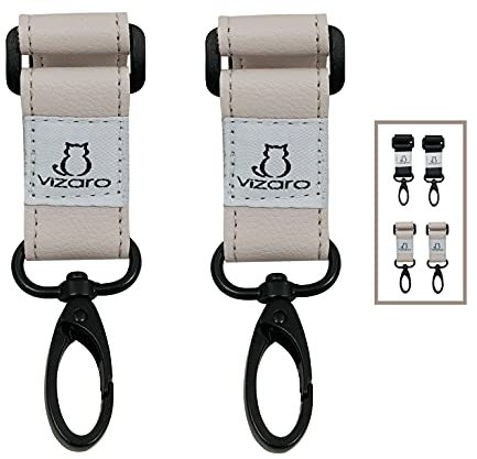 Vizaro Luxury Kinderwagenhaken - 2 Stück - Zum Aufhängen von Taschen, Rucksäcken usw. -Schwarzes Kunstlederband mit hoher Widerstandsfähigkeit bis zu 15 kg - 360° - Eleganter geschlossener Ring