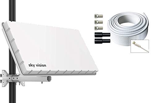 sky vision Flat HQ Twin Satelliten Flachantenne für 2 Teilnehmer inkl. Wand- + Masthalterung + 20m Kabel + Zubehör. Camping Set. Beste Empfangswerte für HD, Full HD, 4K UHD, 8K TV