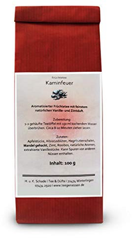 Früchtetee Kaminfeuer, Lose Blätter, Apfelstücke, Hibiscusblüten, Haggebuttenschalen, Mandeln, Zimt, Rooibos, Vanille, 100g