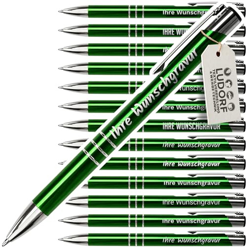 #teamludorf 50x Metall-Kugelschreiber mit Wunsch-Gravur - Personalisierte Kulis - Stift mit Namen - 14 Farben & 20 Schriftarten - 50 Stück - Grün