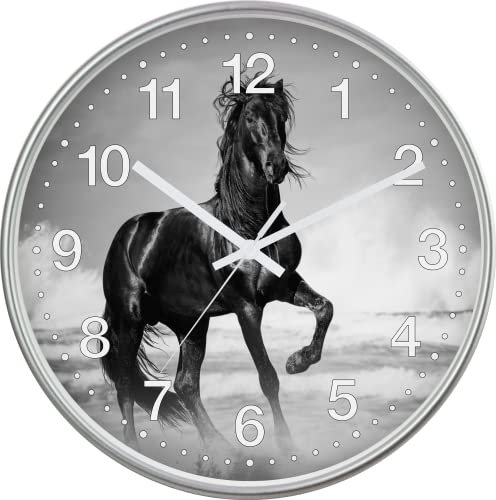 Eurotime Quarzwanduhr, 30 cm, Kunststoffgehäuse Silber, Echtglasabdeckung, klares 12-Zahlen Zifferblatt mit Pferdemotiv, geräuscharmes Uhrwerk, kein Ticken, Wanduhr für Kinderzimmer, 82708-07