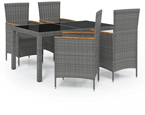 vidaXL Gartenmöbel 5-TLG. mit Auflagen Gartengarnitur Sitzgruppe Gartenset Sitzgarnitur Gartentisch Esstisch Tisch Stühle Poly Rattan Grau