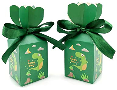 JZK 50 x grüne Geschenkboxen für Kinder, Dinosaurier-Muster, Papier-Süßigkeiten-Box für Kindergeburtstag, Kindergeschenke, Geschenkboxen für Dinosaurier-Party-Dekorationen