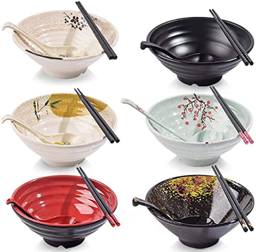 Ecoodisk Juego de tazones de Ramen - Cuencos de Ramen de melamina, Palillos, Cuchara y tazón pequeño para Salsa - vajilla Japonesa Ideal para Fideos Ramen o Sopa de Fideos Pho - 6 Sets (18 Piezas)