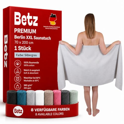 Betz 1 Stück Saunatuch 100% Baumwolle Silbergrau 70x200 cm Berlin XXL Saunatücher Sauna Handtuch Weich Groß Frottee Badetuch Farbe Silbergrau