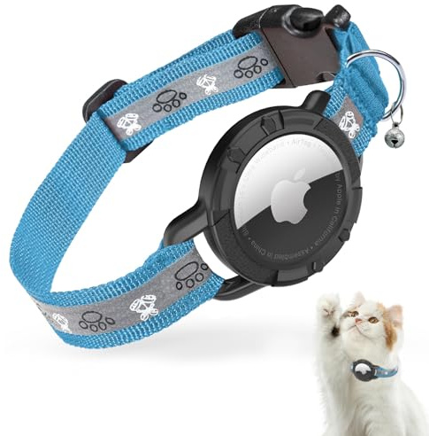 Reflective Airtag Cat Collar, JIARUI Integrated Apple Airtag Cat Collar, GPS Cat Tracker Collar with Airtag Holder and Bell, Lightweight Cat Tracker Collar for Kittens and Puppies (Blue, S(9-13))