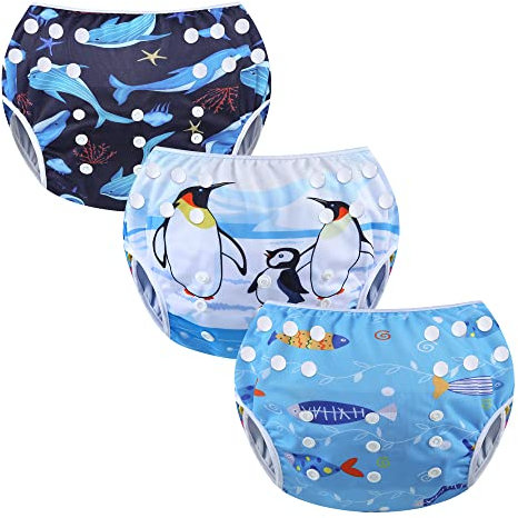 MIXIDON Wiederverwendbare Schwimmwindel verstellbar waschbar Baby-Schwimmhose Einheitsgröße Schwimmwindel Badehose für Kleinkinder von 0 bis 3 Jahren Wal+Fisch+Pinguin