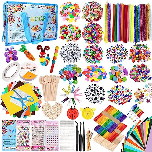 YUTUY Bastelset für Kinder, 2650+ Pcs DIY Bastelbedarf, Kunst und Handwerk in Aufbewahrungstasche, Scrapbooking Set Mit Pfeifenreiniger, Pompons, Federn, Perlen