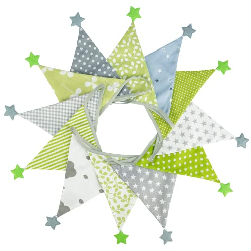 G2PLUS Fabric Bunting Banner with Stars, 4M Green and Grey Cotton Nursery Banner with 12 Triangle Pennants, Double Sided Cloth Garlands Shabby Chic Decoration for Bedroom Playhouse Birthday Decoration