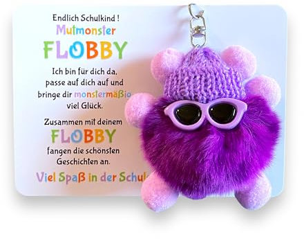 Endlich Schulkind! Mut-Monster FLOBBY, Geschenk Einschulung, Glücksbringer, Mutmacher, Schultüte, Lernhelfer, Anhänger Mäppchen oder Ranzen (Lila)