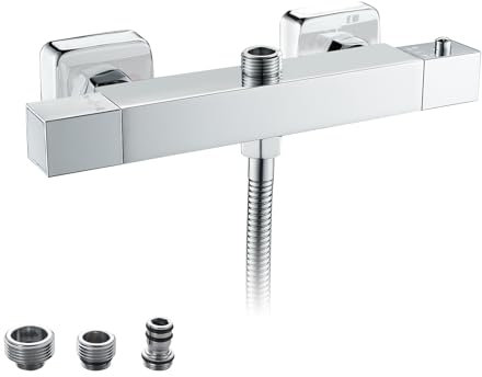 Thermostatic Shower Mixer with 38°C Safety Lock,KEOKBON 2 Function Exposed Thermostatic Bath Valve Bar Wall Mounted Top Outlet 3 Size(3/4, 1/2, 14mm) and Bottom Outlet G1/2, Chrome Square