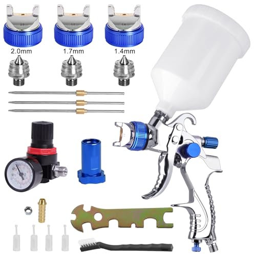 HVLP Lackierpistole Spritzpistole Set 3 Düsen 1,4mm 1,7mm 2,0mm Farbsprühsystem Spraypistole mit 600ml Plastikbecher Luftdruckregler Spritzpistolen Anschlussadapter(Blau)