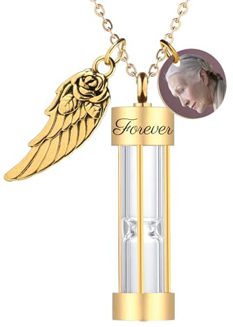 OTXIXTO Personnalisé Intemporel Sablier Cendres Collier avec Gravé Texte/Aaile D'ange/Ronde Photo Étiquette Commémorative Crémation Urnes Bijoux Souvenirs pour Homme/Femme Cendres (A1 : Or)