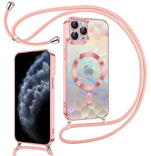 Kokio Magnetische Glitzer Handykette für iPhone 11 Pro Hülle mit Band [Kompatibel mit MagSafe] Kameraschutz Handyhülle für Frauen Mädchen Silikon Stoßfeste Schutzhülle für iPhone 11 Pro Rosa