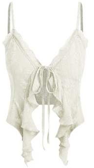 CIDER Going Out Tops for Women Y2K Tie Front Asymmetrical Ruffle Hem Lace Spaghetti Strap Cowgirl Crop Tops Beige