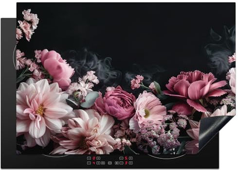 KitchenYeah© Copri Piano Cottura 75x52 cm Coprifornelli Tappetino per Induzione Fornello Tutto per la Cucina Fiori - Rosa - Natura - Nero