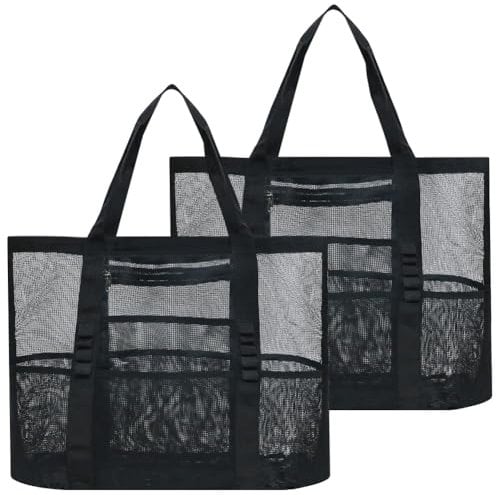 Amonsen Große Netz-Strandtasche mit 8 separaten Taschen, Netz-Aufbewahrungstasche für Strandurlaub, gut für Sllipers, Handtücher, Sonnencreme, Getränke, Schwarz, 2 Stück, XL
