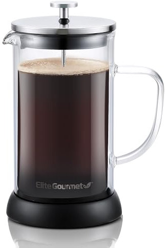 Elite Gourmet FP1223 1 Liter French Press Coffee Maker, Double Wall Insulated Borosilicate Glass Carafe W/Handle, Dishwasher Safe Stainless Steel Filter/Plunger, Removable Silicone Base, Easy Clean