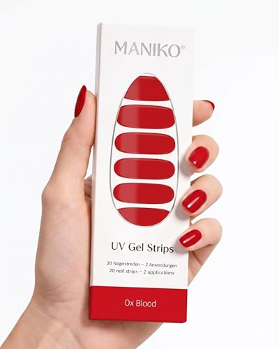Maniko UV Gel Strips Ox Blood Rot – 20 UV Nagelsticker, 2 Anwendungen | UV Nagellack zum Kleben, selbstklebende Nagelfolie für natürliche Nägel, vegan & langanhaltend – Geschenk zu Geburtstag