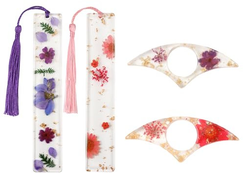 4pcs Marque Pages Fleurs Séchées, Porte-Page de Pouce et Marque-Pages Fleurs avec Pompon Marque Pages Résine Cadeau pour Femmes Amis de la Famille Amoureux des Livres Enseignant Écrivain